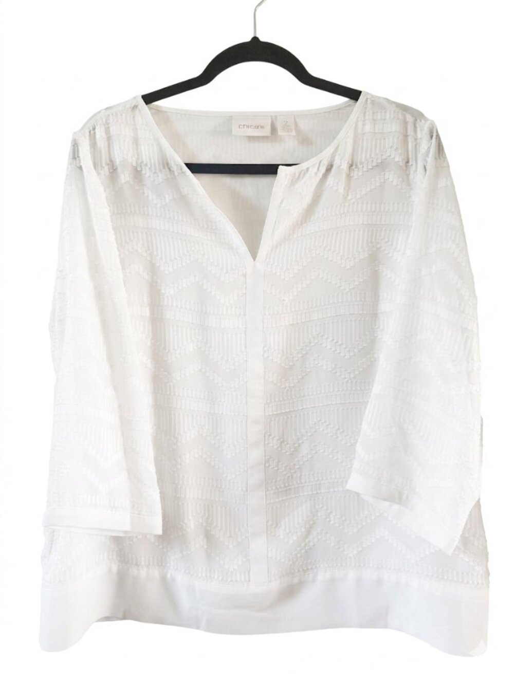 Chico's Creamy White Textured Chevron Split Neck Blouse - Size 2